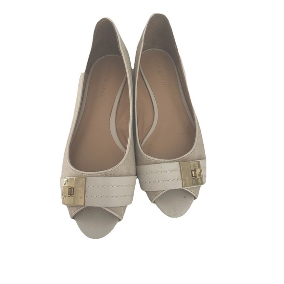 Tommy Hilfiger Low Linen Peep Toe low Wedges Cream Gold Size 7 Shoes - Picture 4 of 11